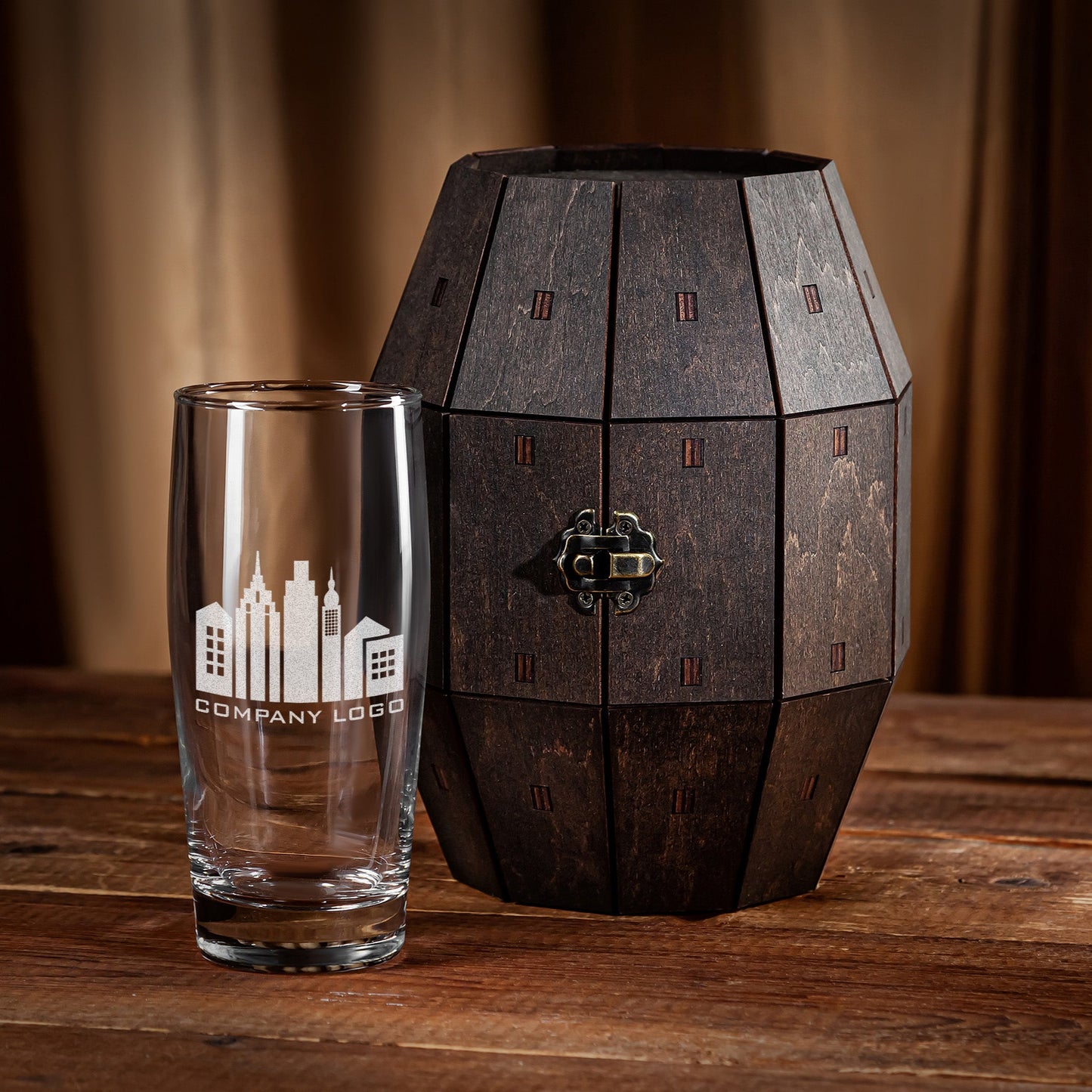 Corporate Gift with Logo - Personalized Beer Glass in Wooden Barrel