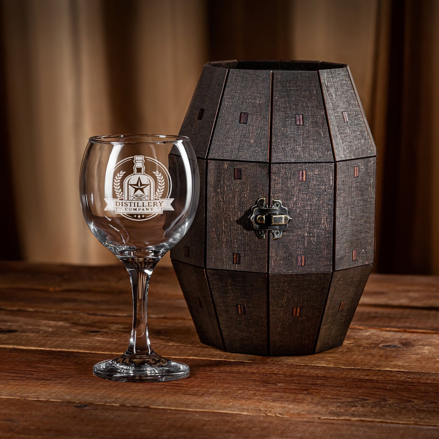 Corporate Wine Glass Gift Set with Custom Logo in Wooden Barrel