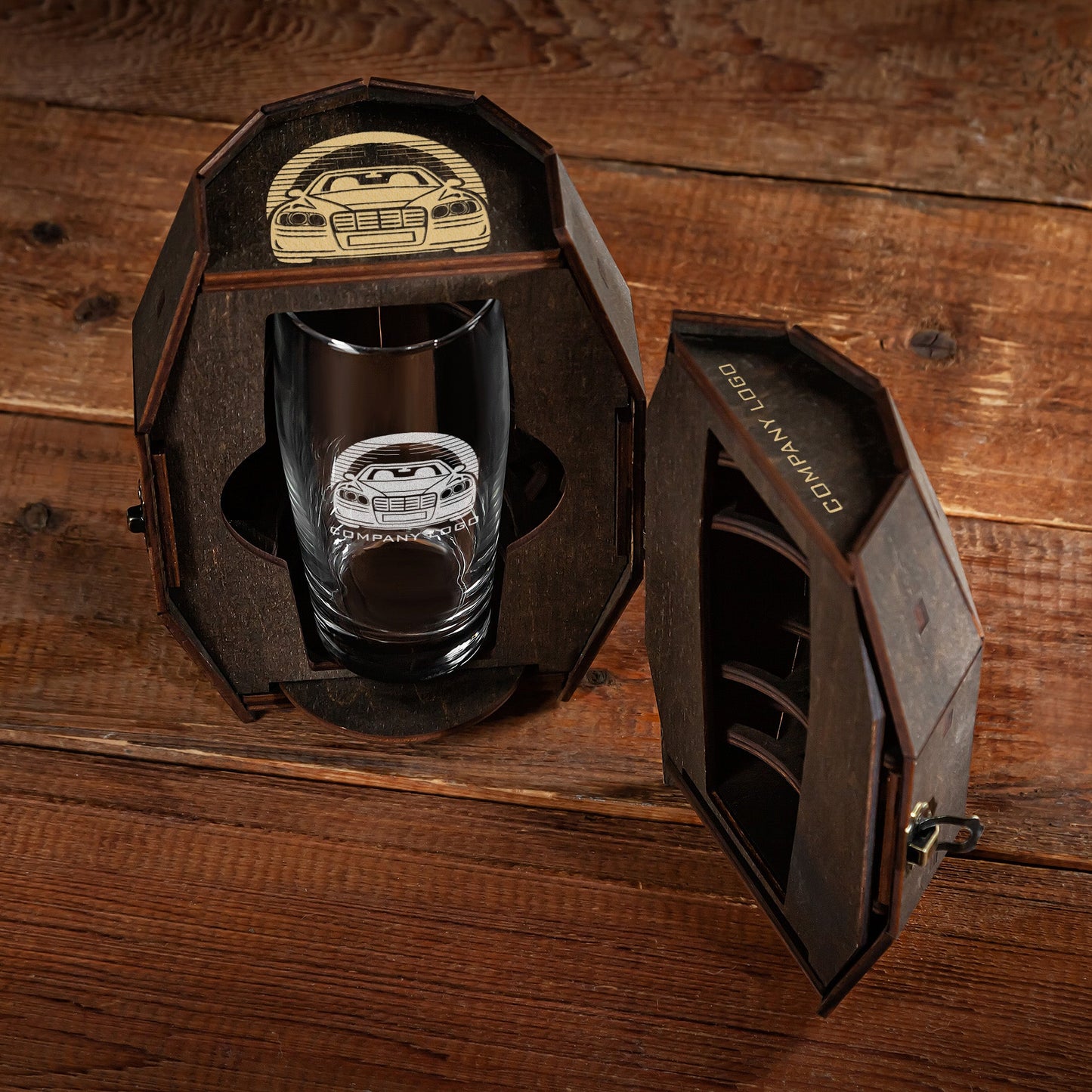 Corporate Gift with Logo - Personalized Beer Glass in Wooden Barrel