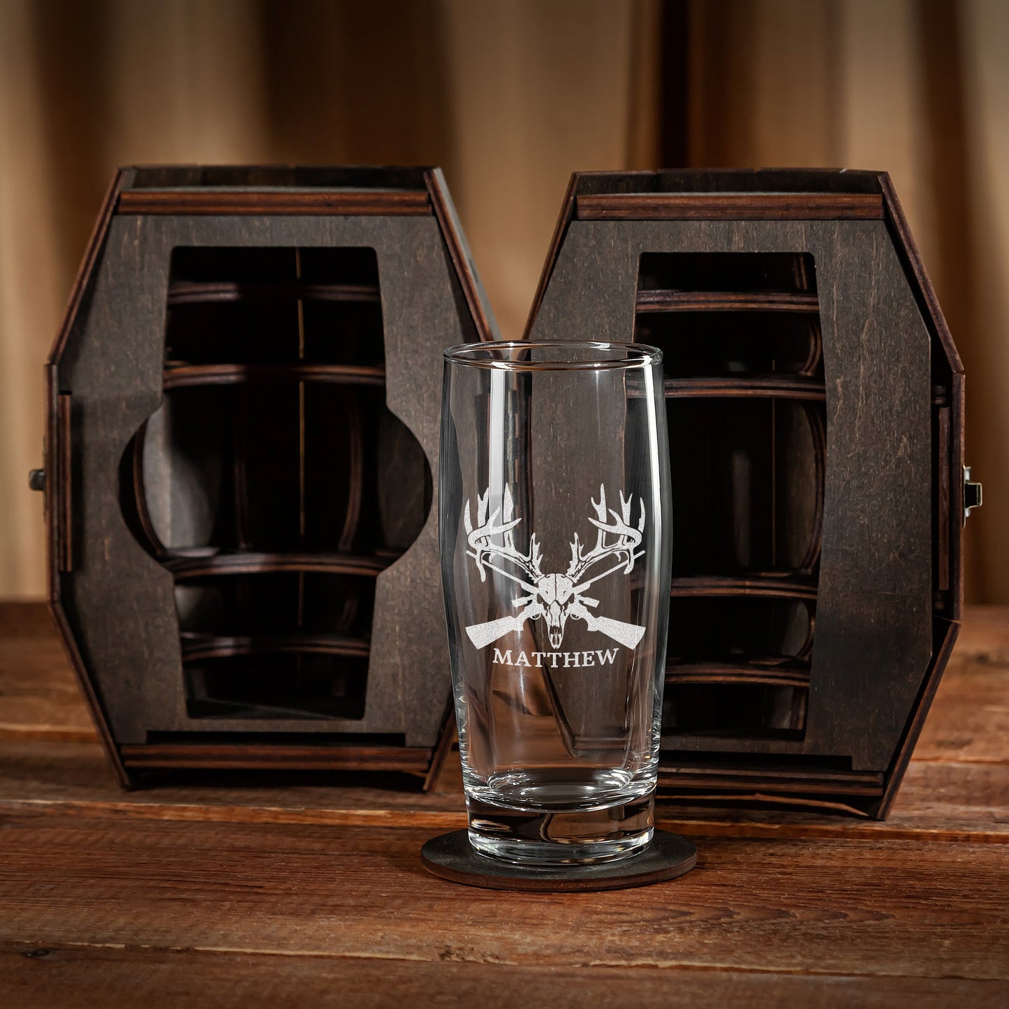 Personalized Deer Antlers Beer Glass in Wooden Barrel