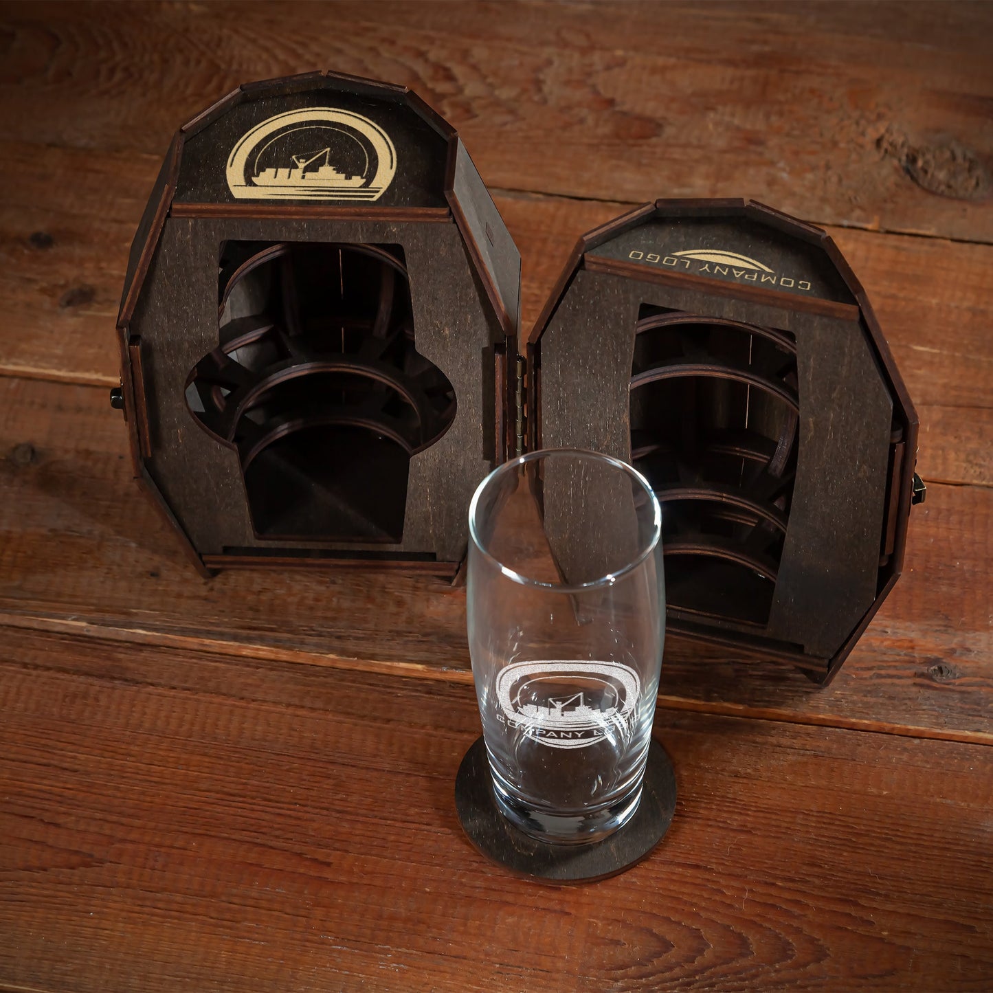 Corporate Gift with Logo - Personalized Beer Glass in Wooden Barrel