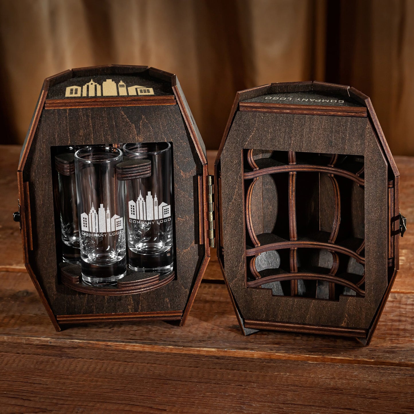 Corporate Gift – Shot Glass Set with Custom Logo in Wooden Barrel