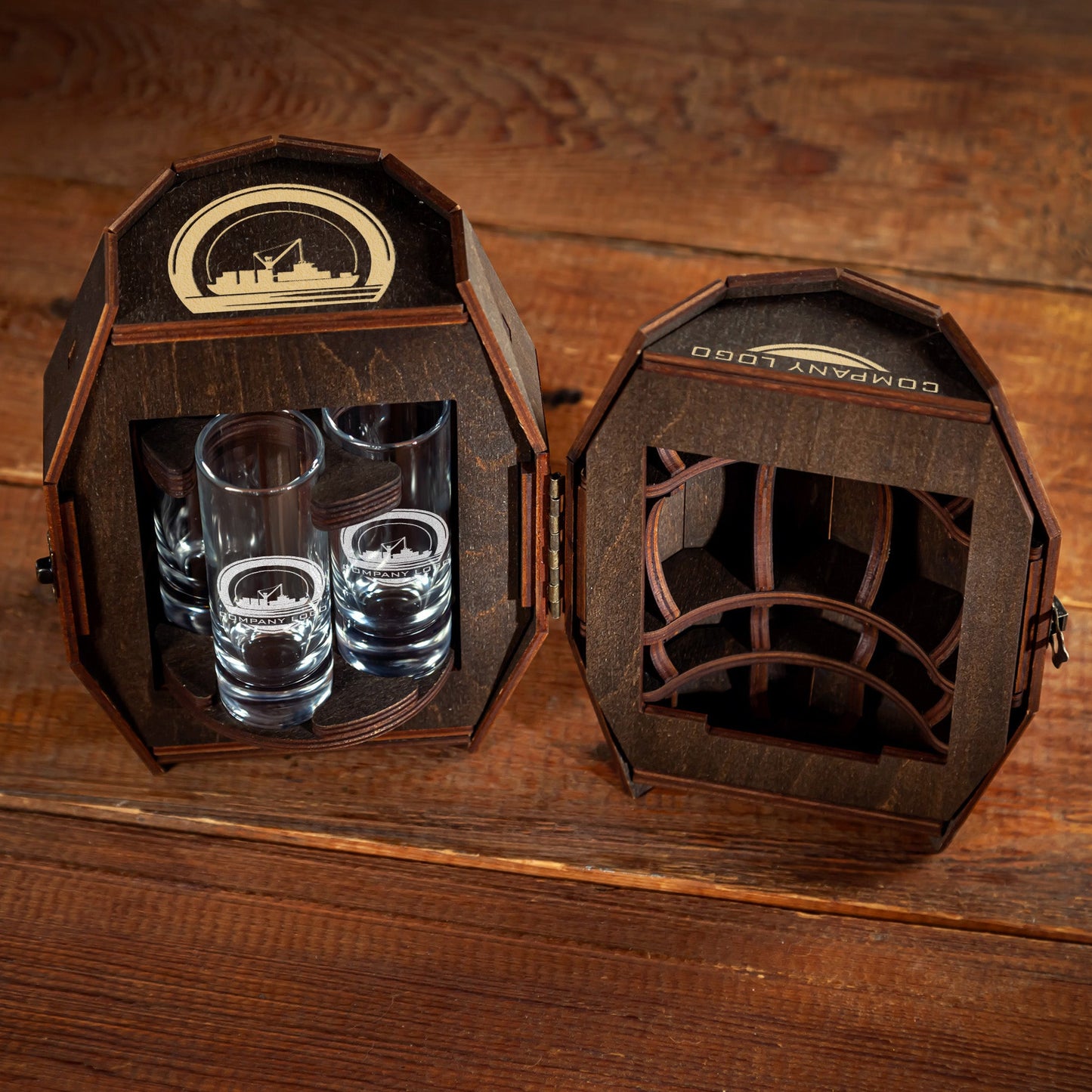 Corporate Gift – Shot Glass Set with Custom Logo in Wooden Barrel