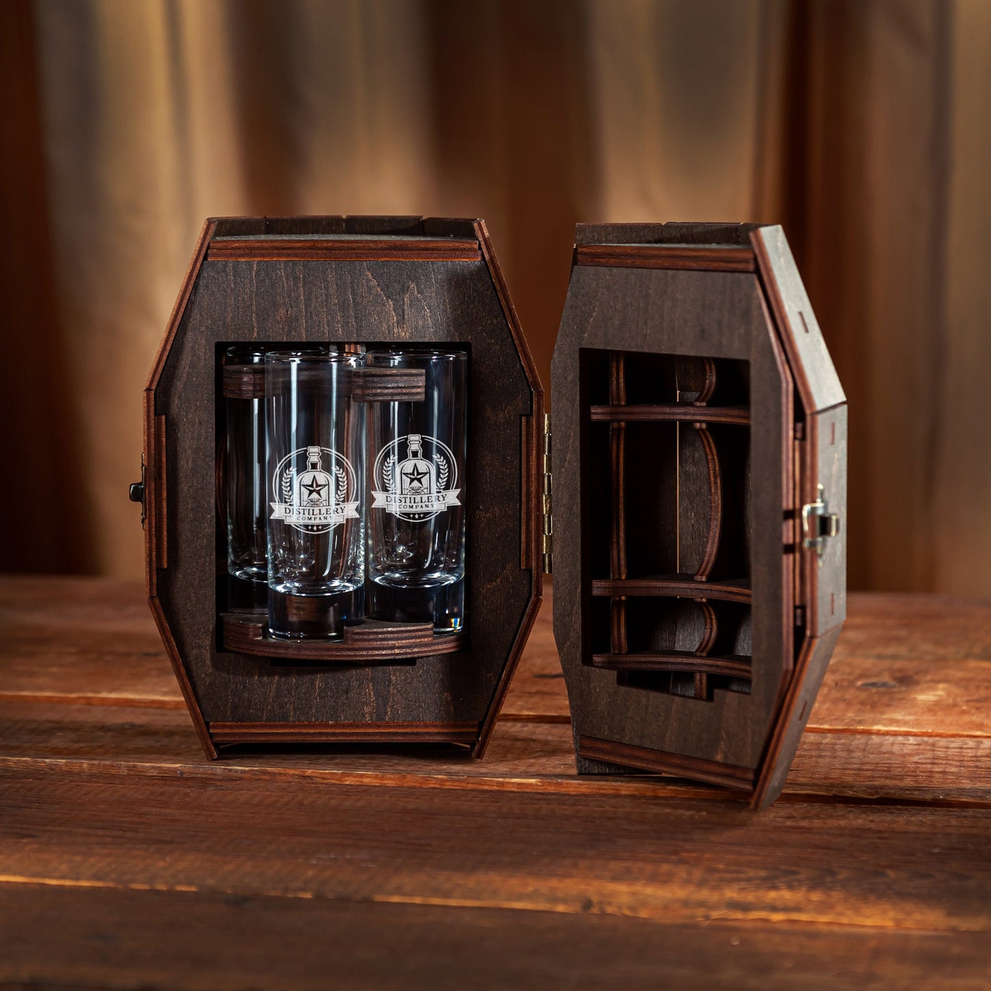 Corporate Gift – Shot Glass Set with Custom Logo in Wooden Barrel