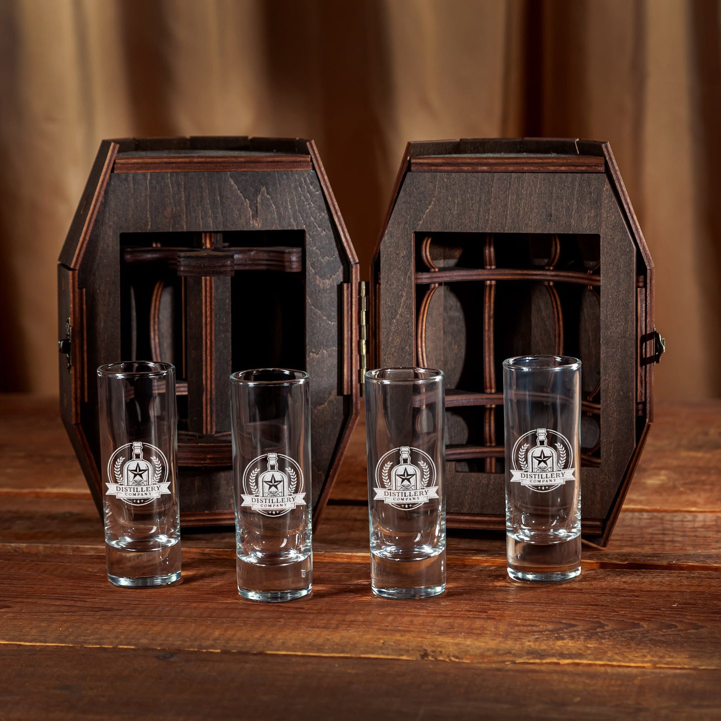 Corporate Gift – Shot Glass Set with Custom Logo in Wooden Barrel
