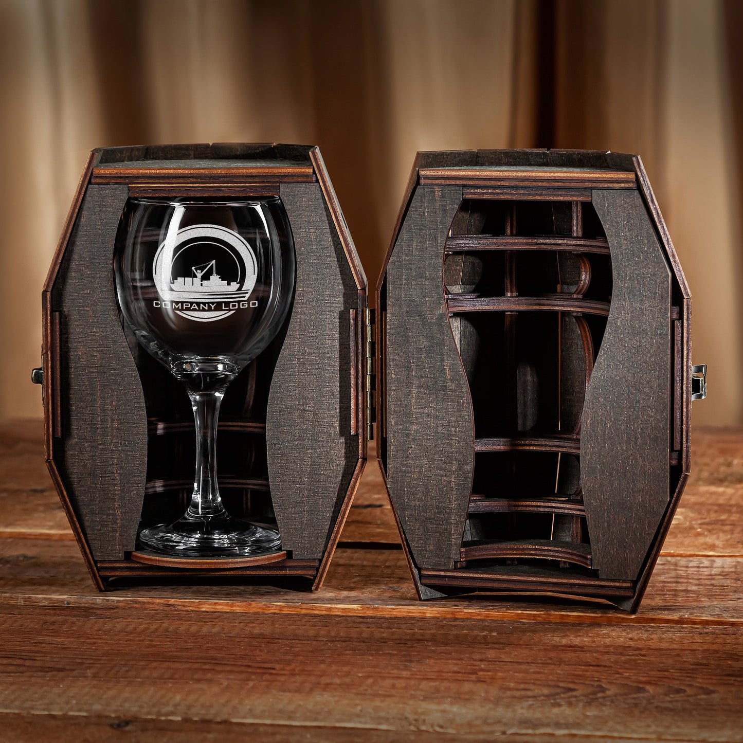 Corporate Wine Glass Gift Set with Custom Logo in Wooden Barrel