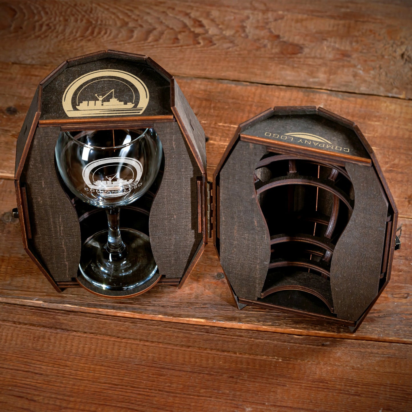 Corporate Wine Glass Gift Set with Custom Logo in Wooden Barrel