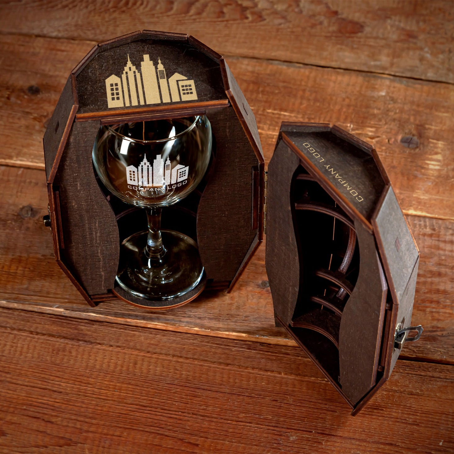 Corporate Wine Glass Gift Set with Custom Logo in Wooden Barrel