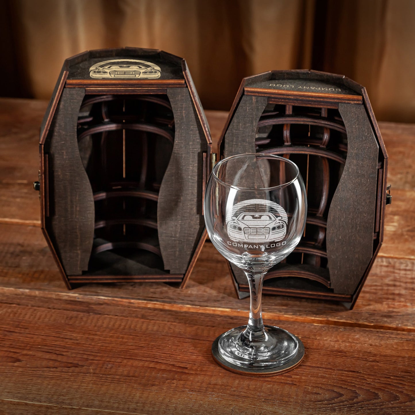 Corporate Wine Glass Gift Set with Custom Logo in Wooden Barrel