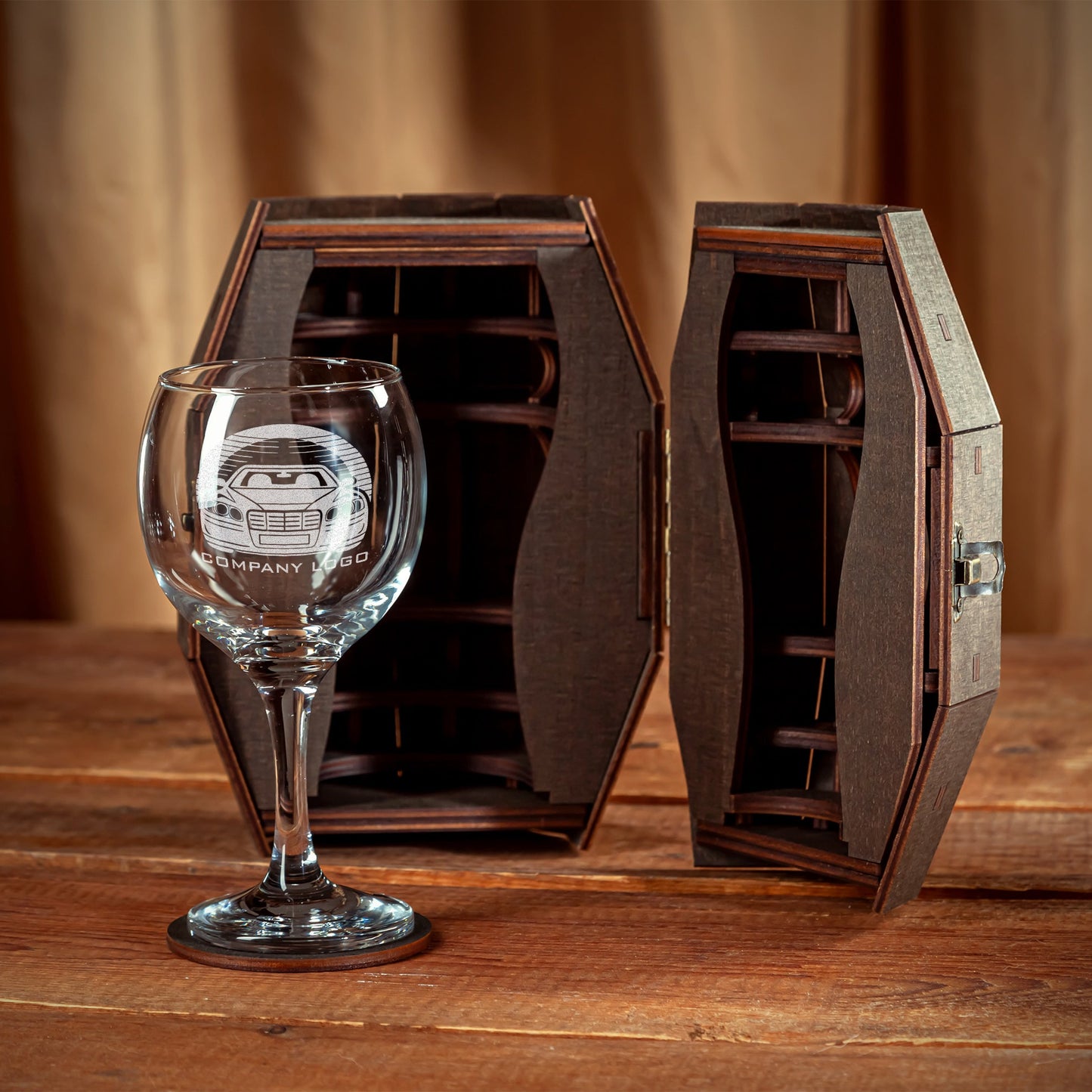 Corporate Wine Glass Gift Set with Custom Logo in Wooden Barrel