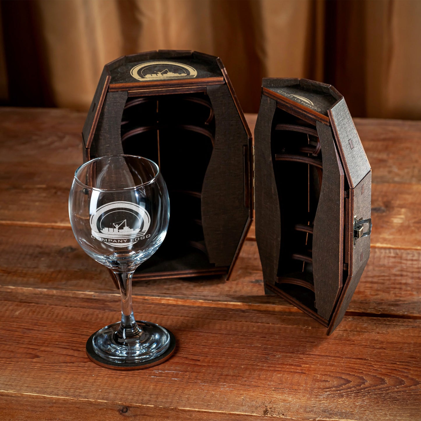 Corporate Wine Glass Gift Set with Custom Logo in Wooden Barrel