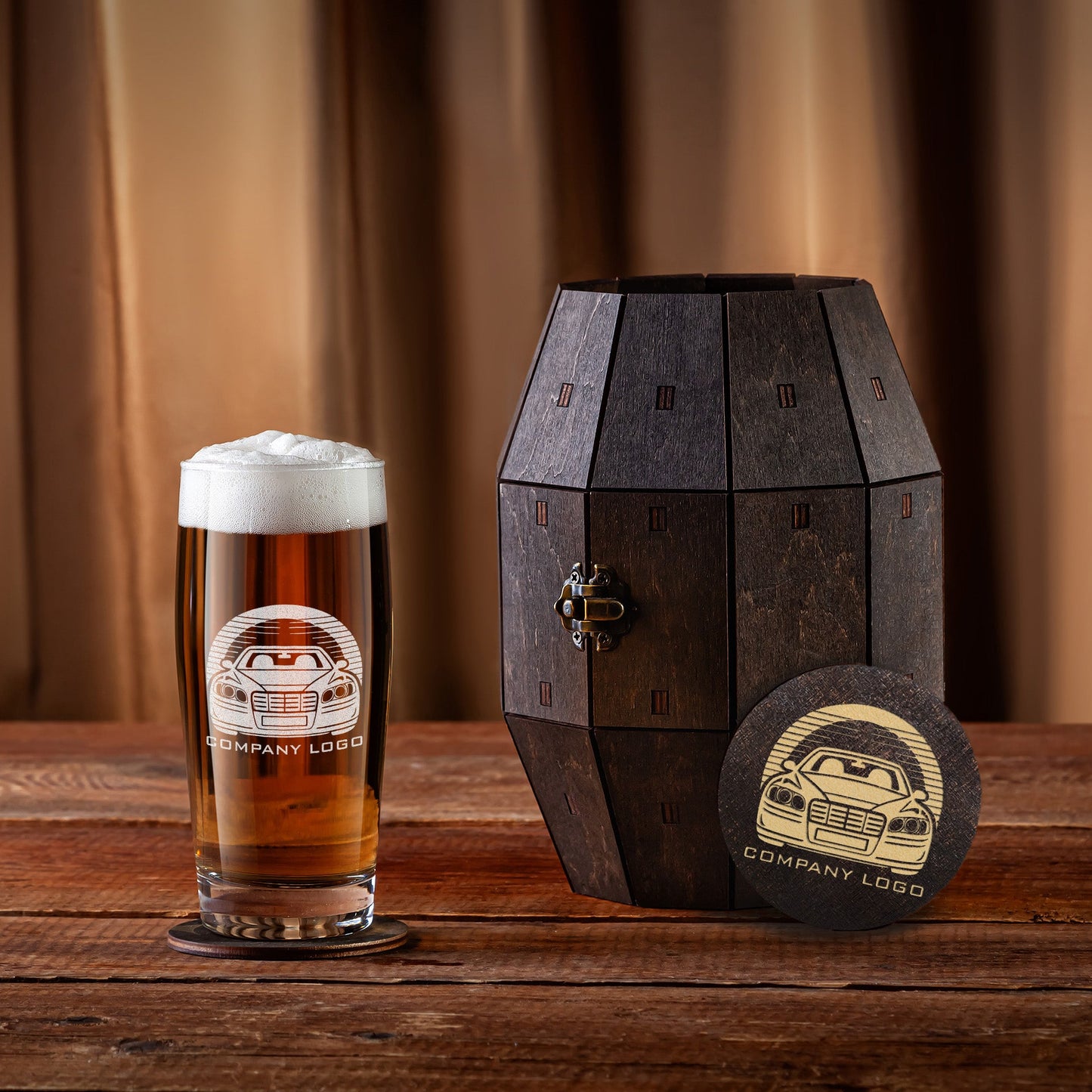 Corporate Gift with Logo - Personalized Beer Glass in Wooden Barrel