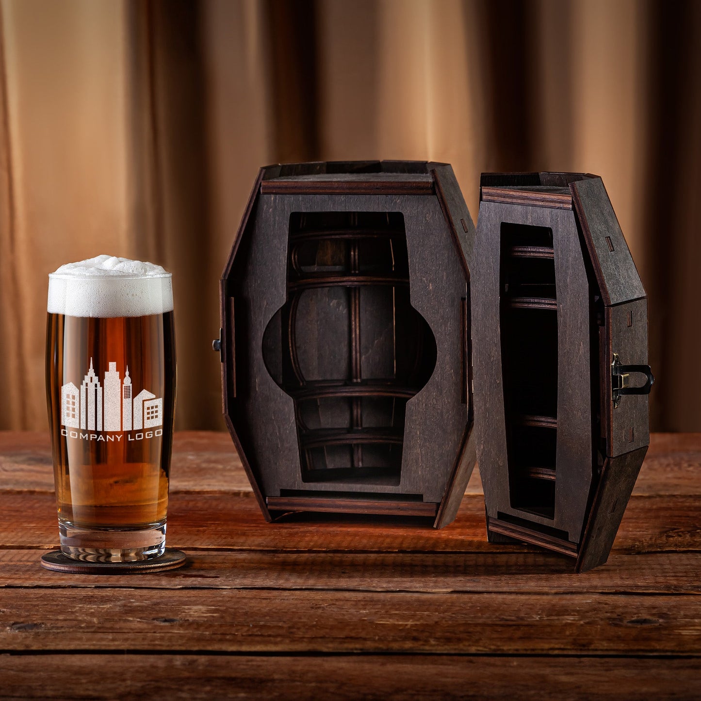 Corporate Gift with Logo - Personalized Beer Glass in Wooden Barrel