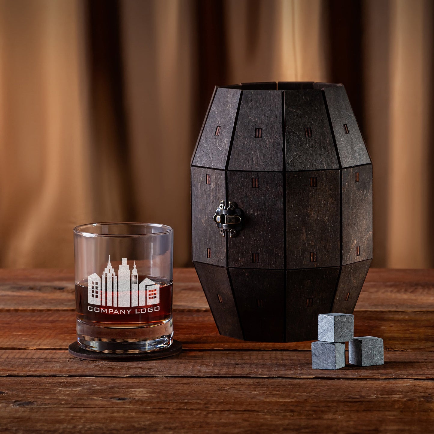 Corporate Gift – Whiskey Glass with Custom Logo in Wooden Barrel