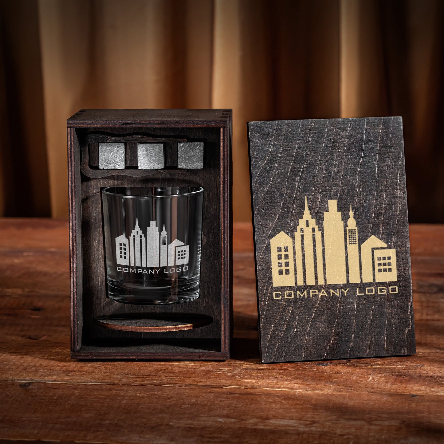 Corporate Gift – Whiskey Glass Set with Company Logo in Wooden Box