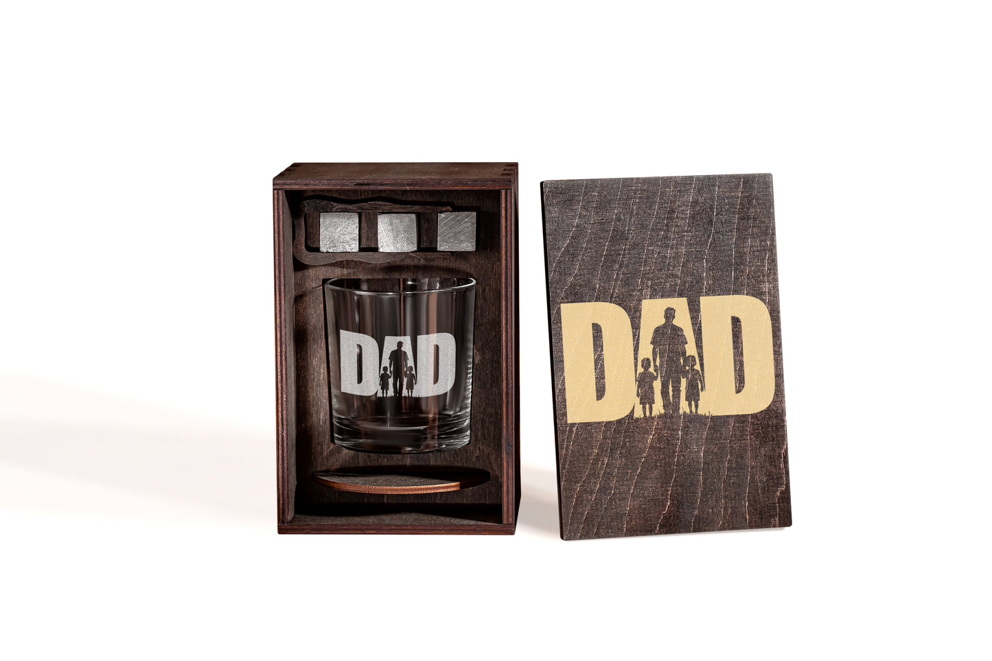 Whiskey Gift Set for Dad – Handmade Wooden Box & Engraved Glass