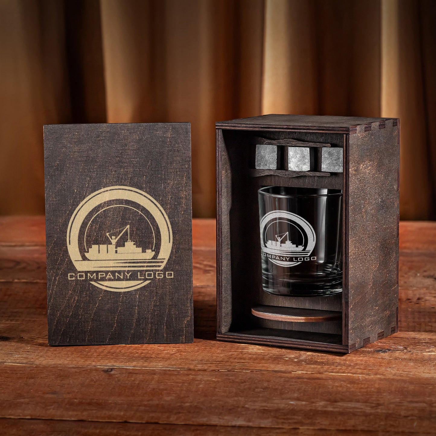 Corporate Gift – Whiskey Glass Set with Company Logo in Wooden Box