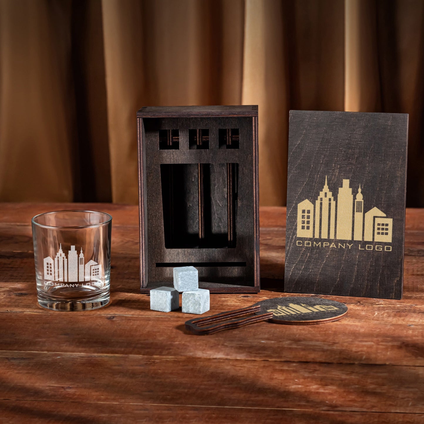 Corporate Gift – Whiskey Glass Set with Company Logo in Wooden Box