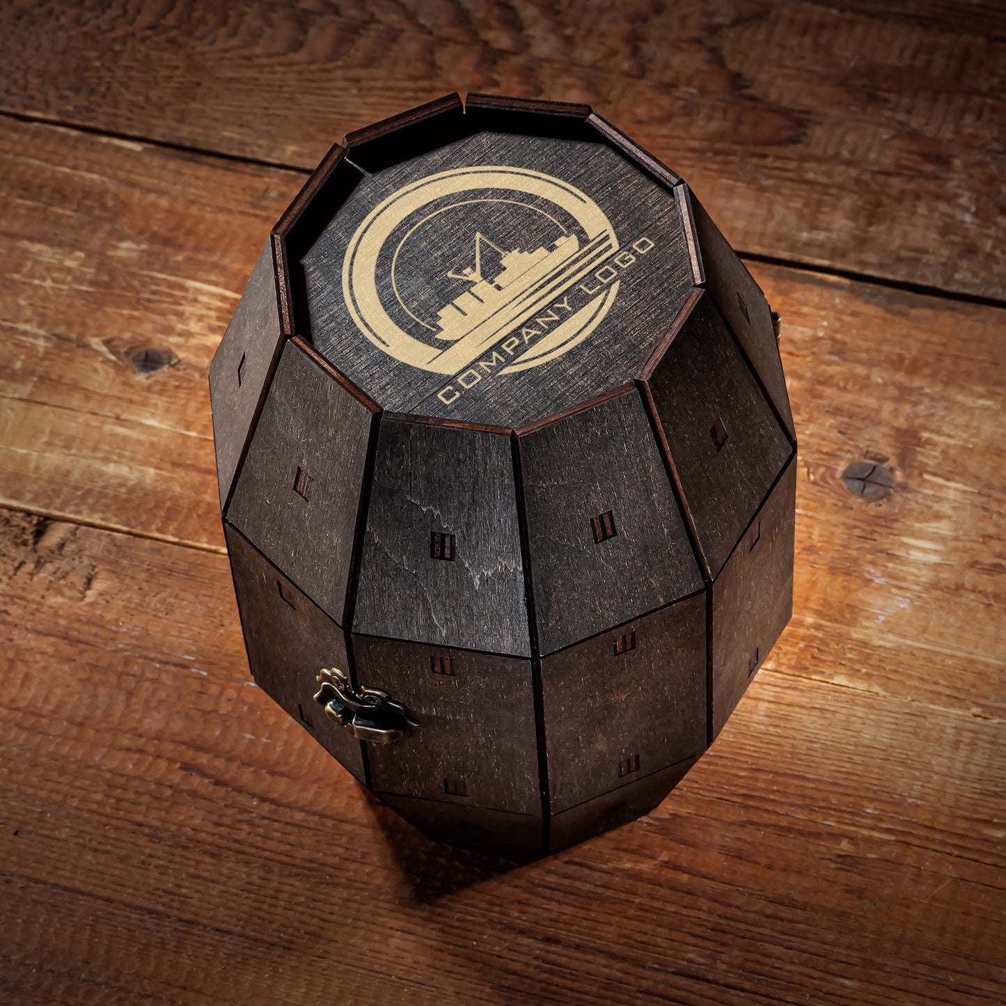 Corporate Wine Glass Gift Set with Custom Logo in Wooden Barrel