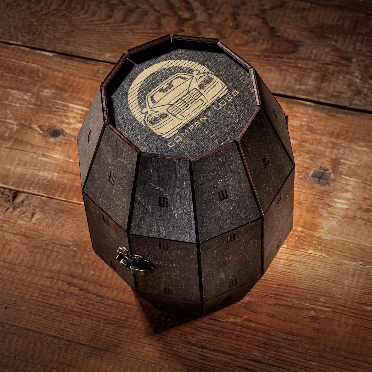 Corporate Wine Glass Gift Set with Custom Logo in Wooden Barrel