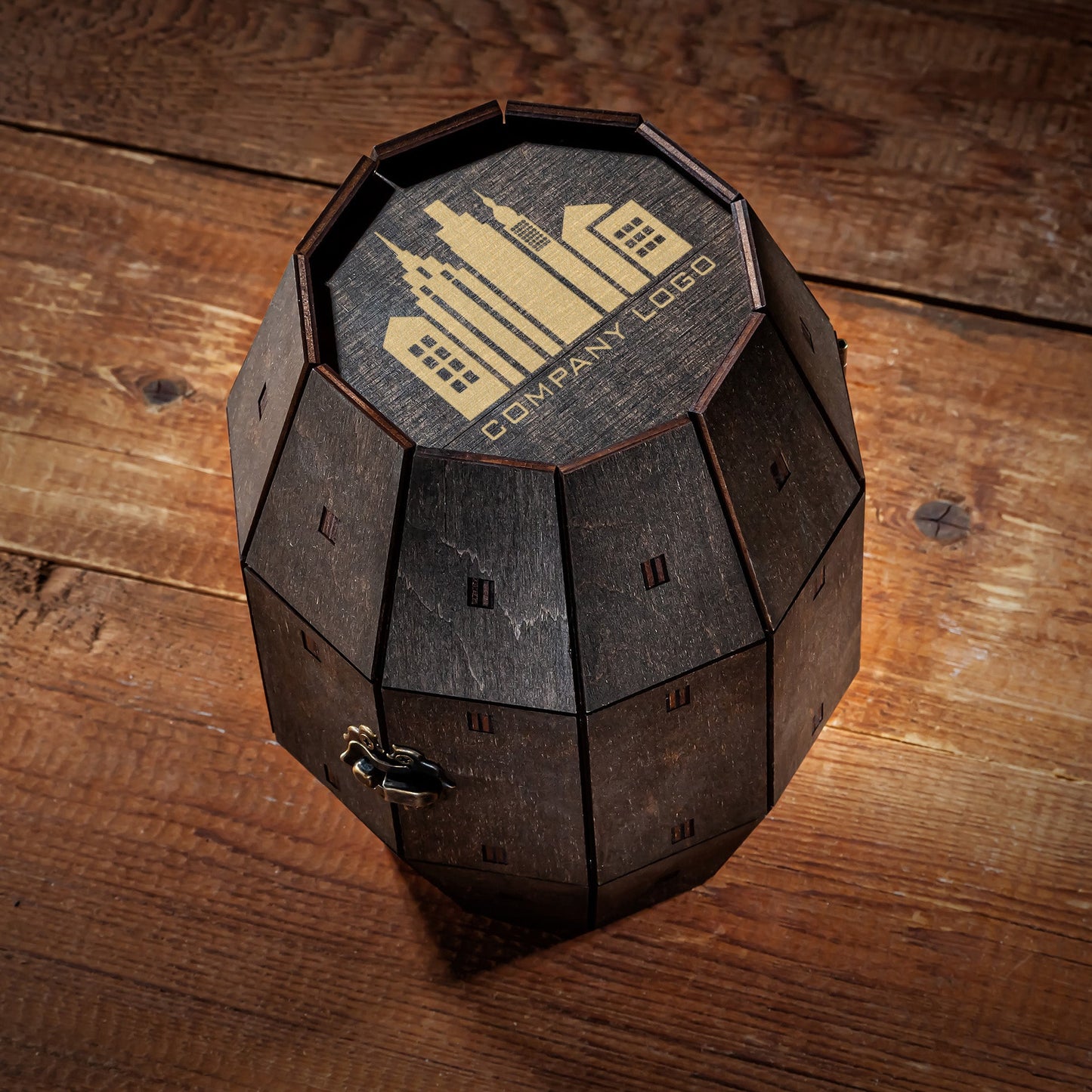Corporate Wine Glass Gift Set with Custom Logo in Wooden Barrel