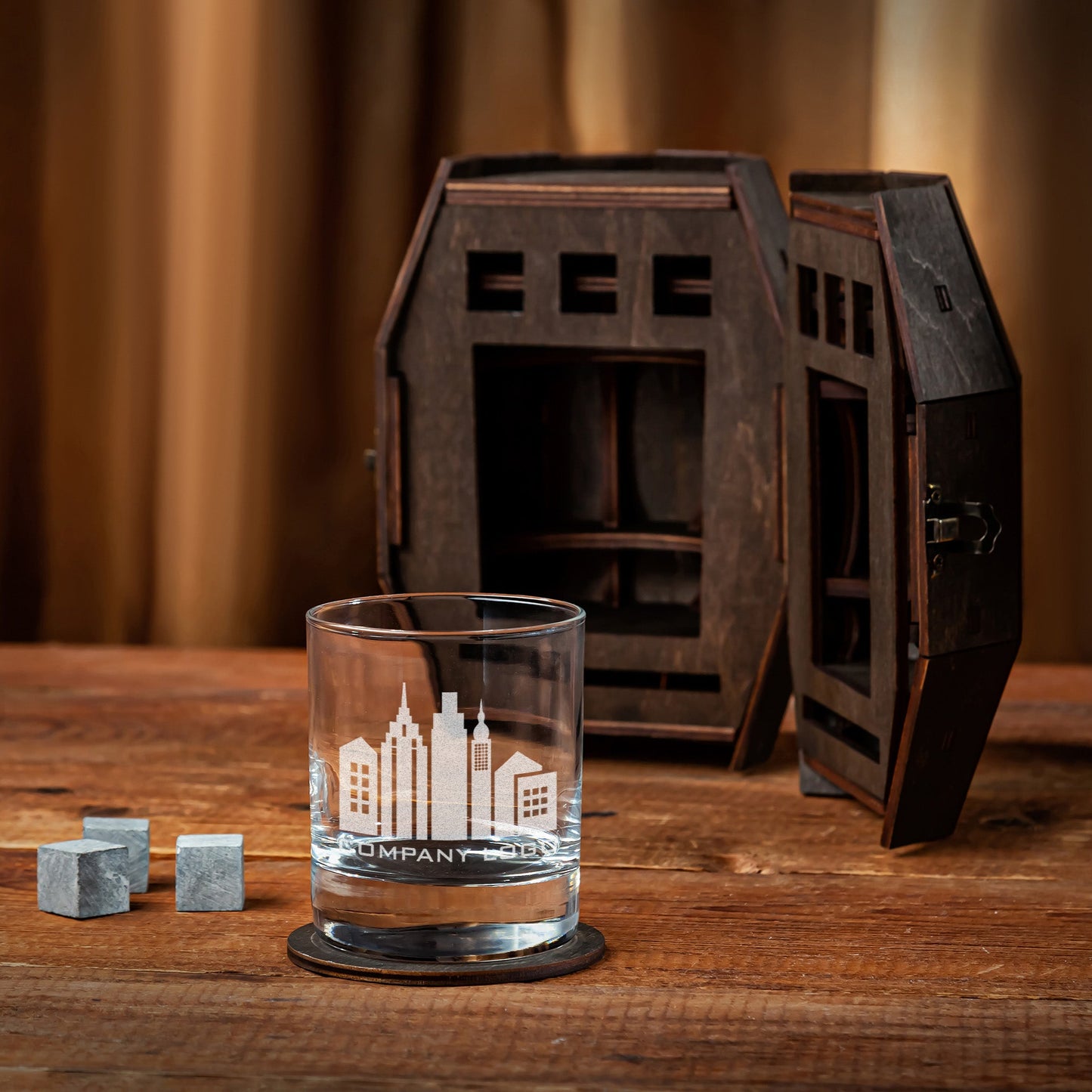 Corporate Gift – Whiskey Glass with Custom Logo in Wooden Barrel