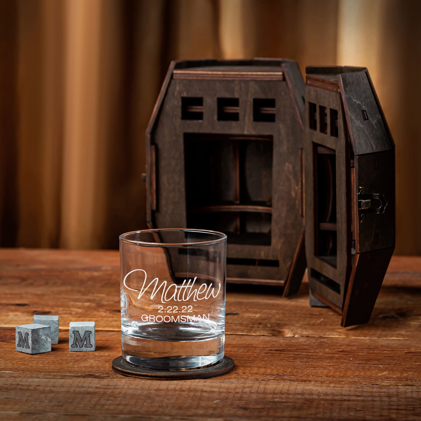 Best Man Personalized Whiskey Glass Set in Wooden Barrel – Proposal Gift Box
