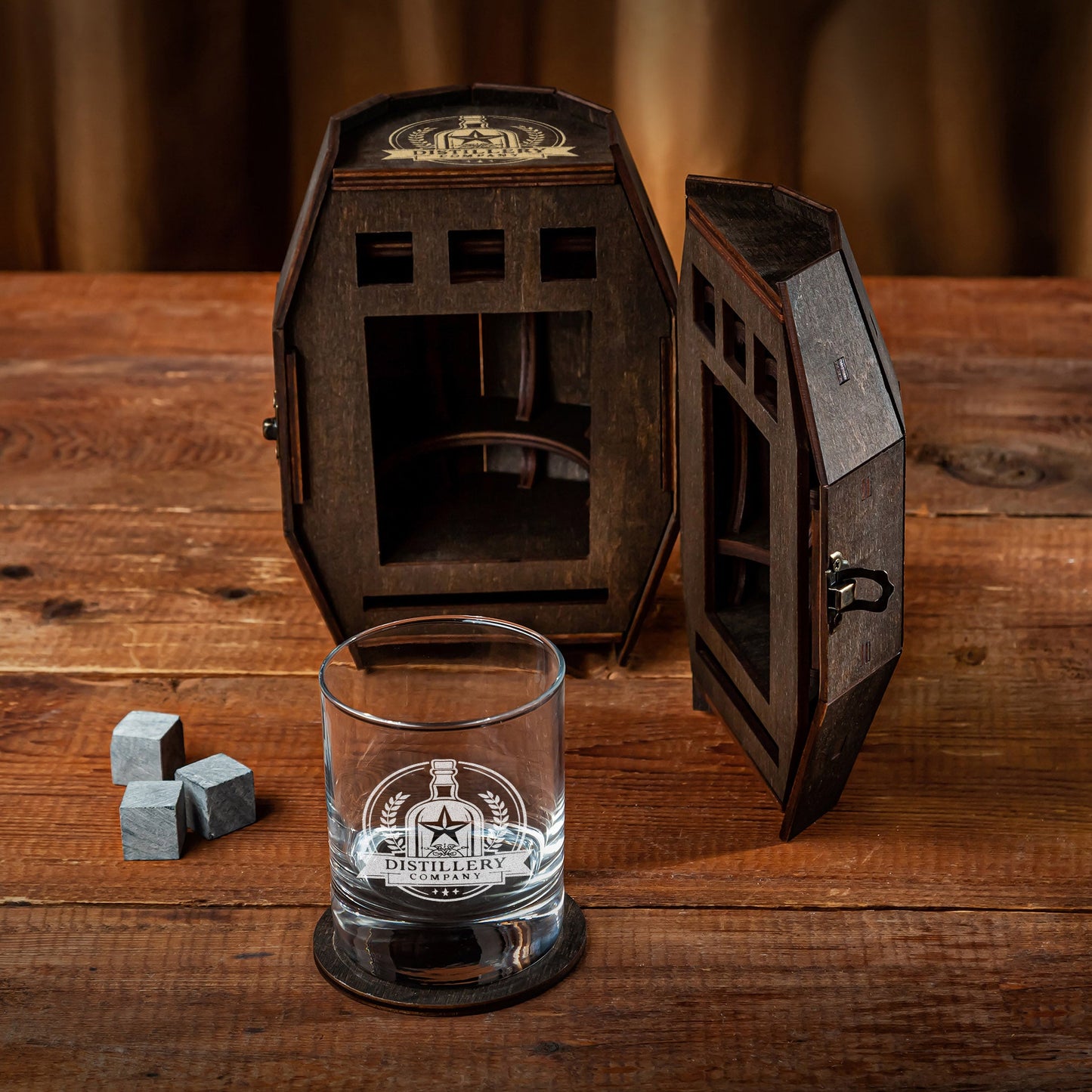 Corporate Gift – Whiskey Glass with Custom Logo in Wooden Barrel