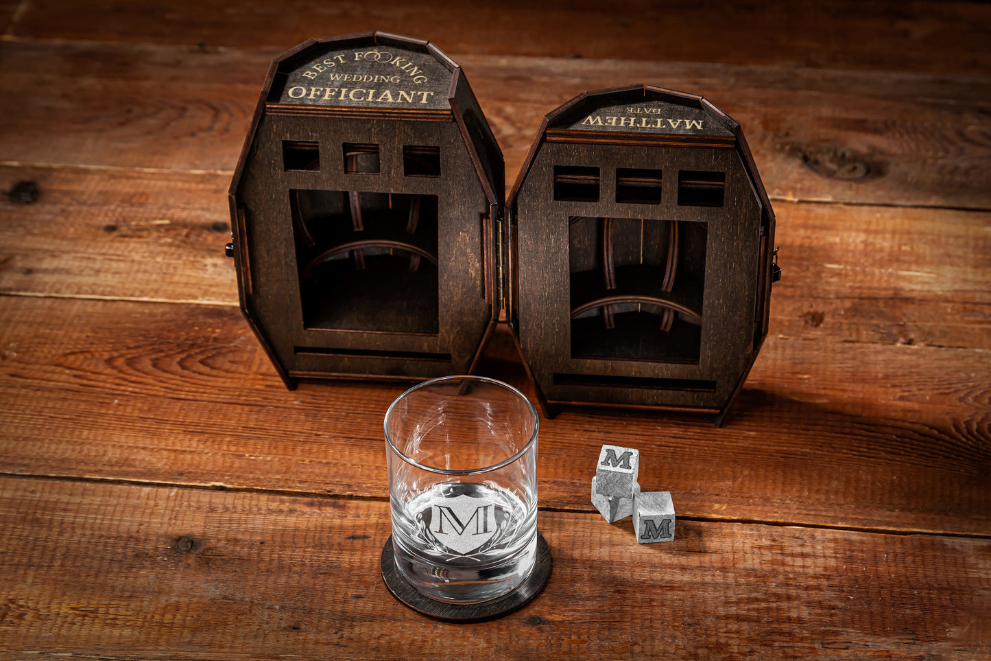 Wedding Officiant Gift - Personalized Whiskey Glass Set in Wooden Barrel