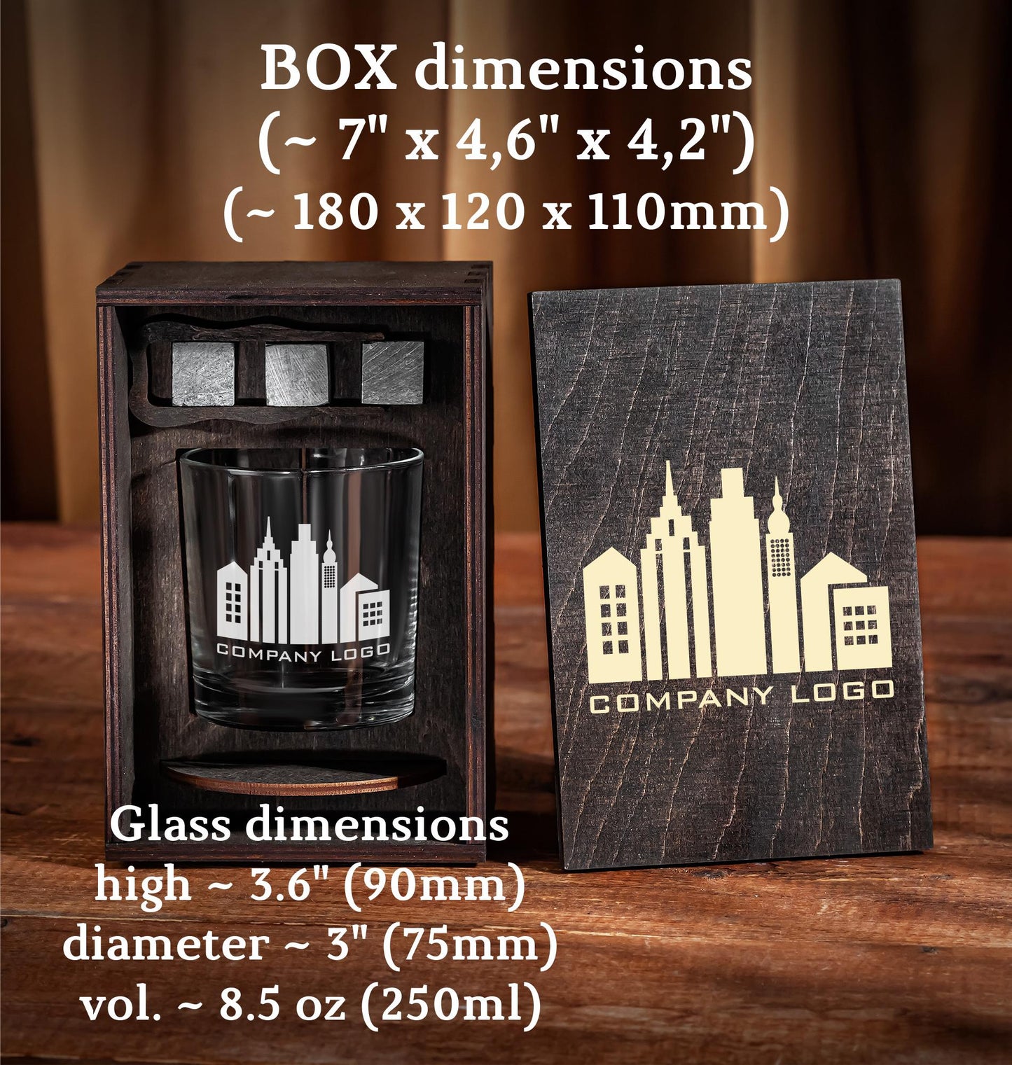 Corporate Gift – Whiskey Glass Set with Company Logo in Wooden Box