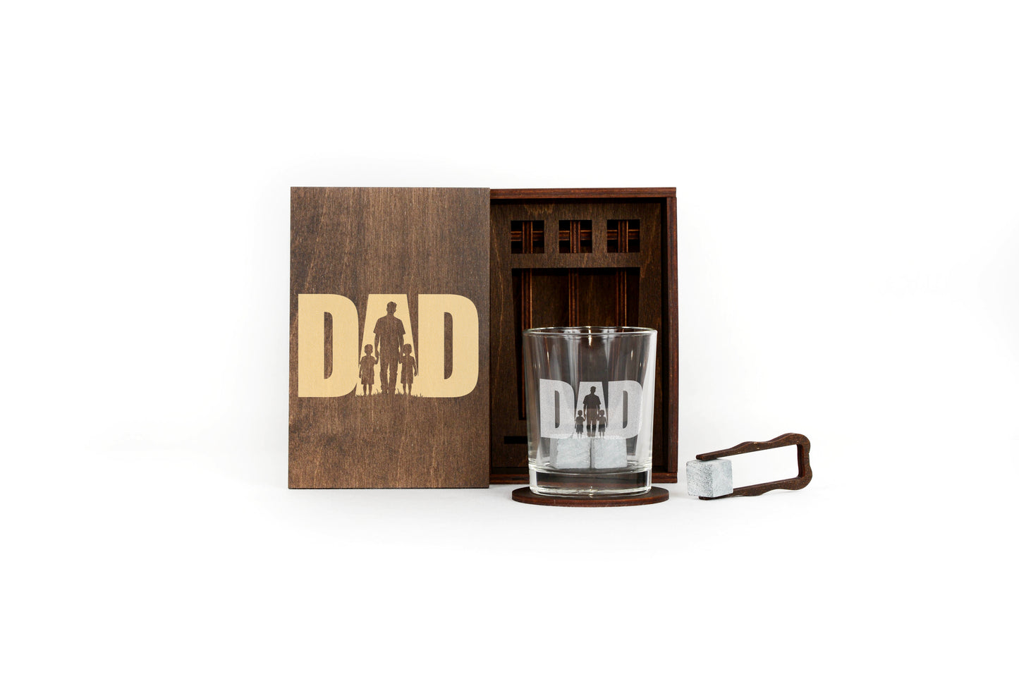 Whiskey Gift Set for Dad – Handmade Wooden Box & Engraved Glass