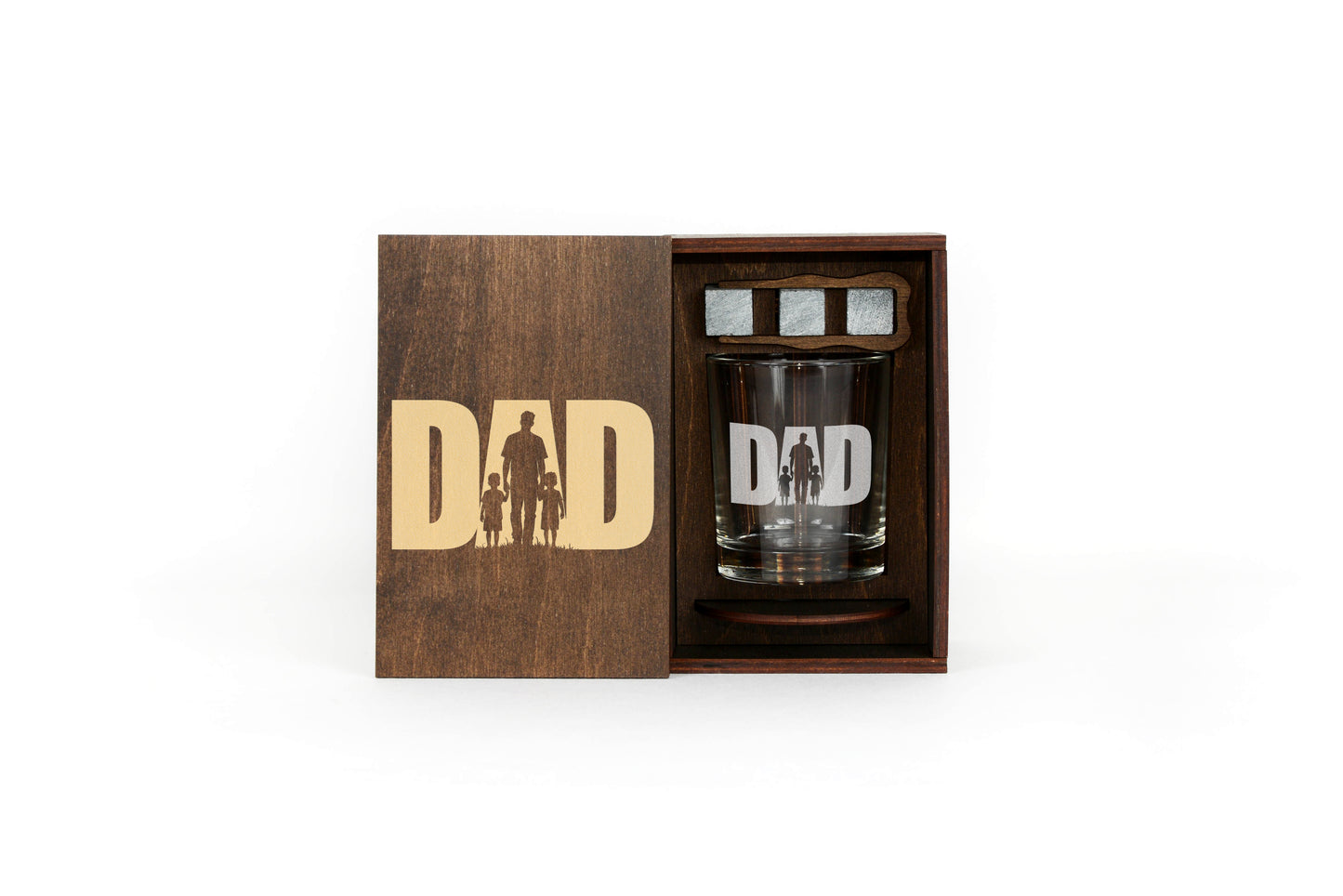 Whiskey Gift Set for Dad – Handmade Wooden Box & Engraved Glass