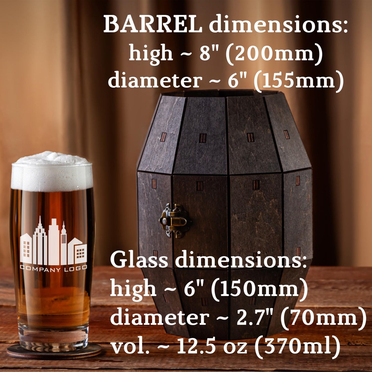 Corporate Gift with Logo - Personalized Beer Glass in Wooden Barrel