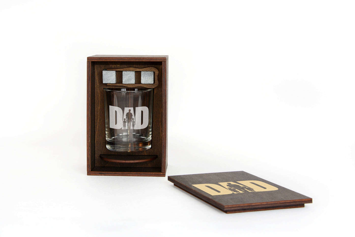 Whiskey Gift Set for Dad – Handmade Wooden Box & Engraved Glass