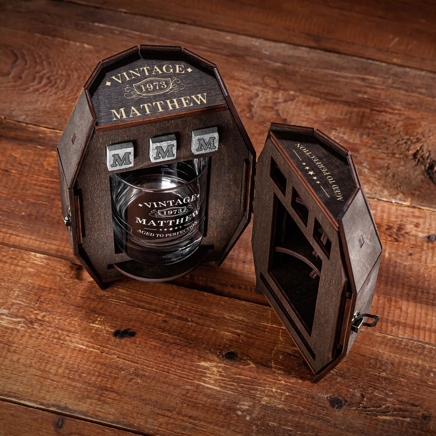 Personalized Whiskey Glass Set in Wooden Barrel – Birthday Gift for Men