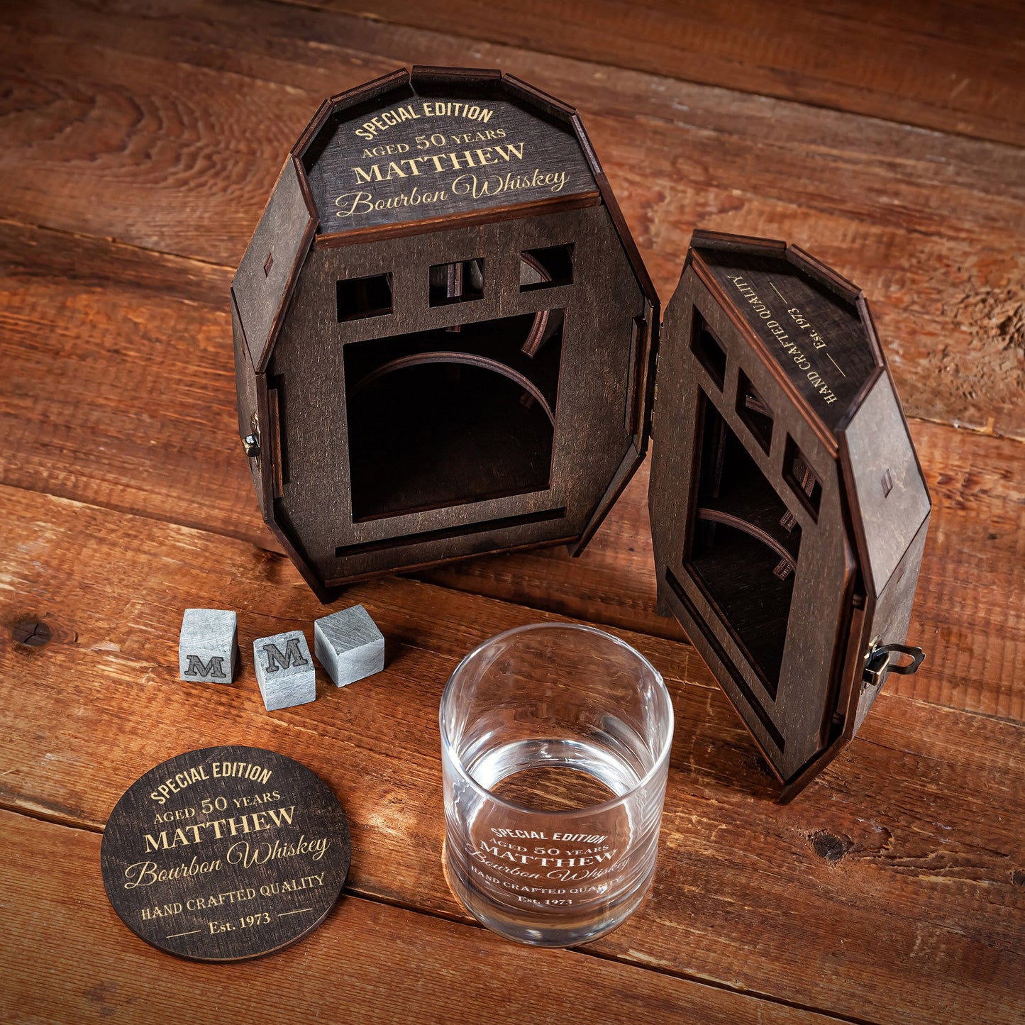 Personalized Whiskey Glass Set in Wooden Barrel – Birthday Gift for Men