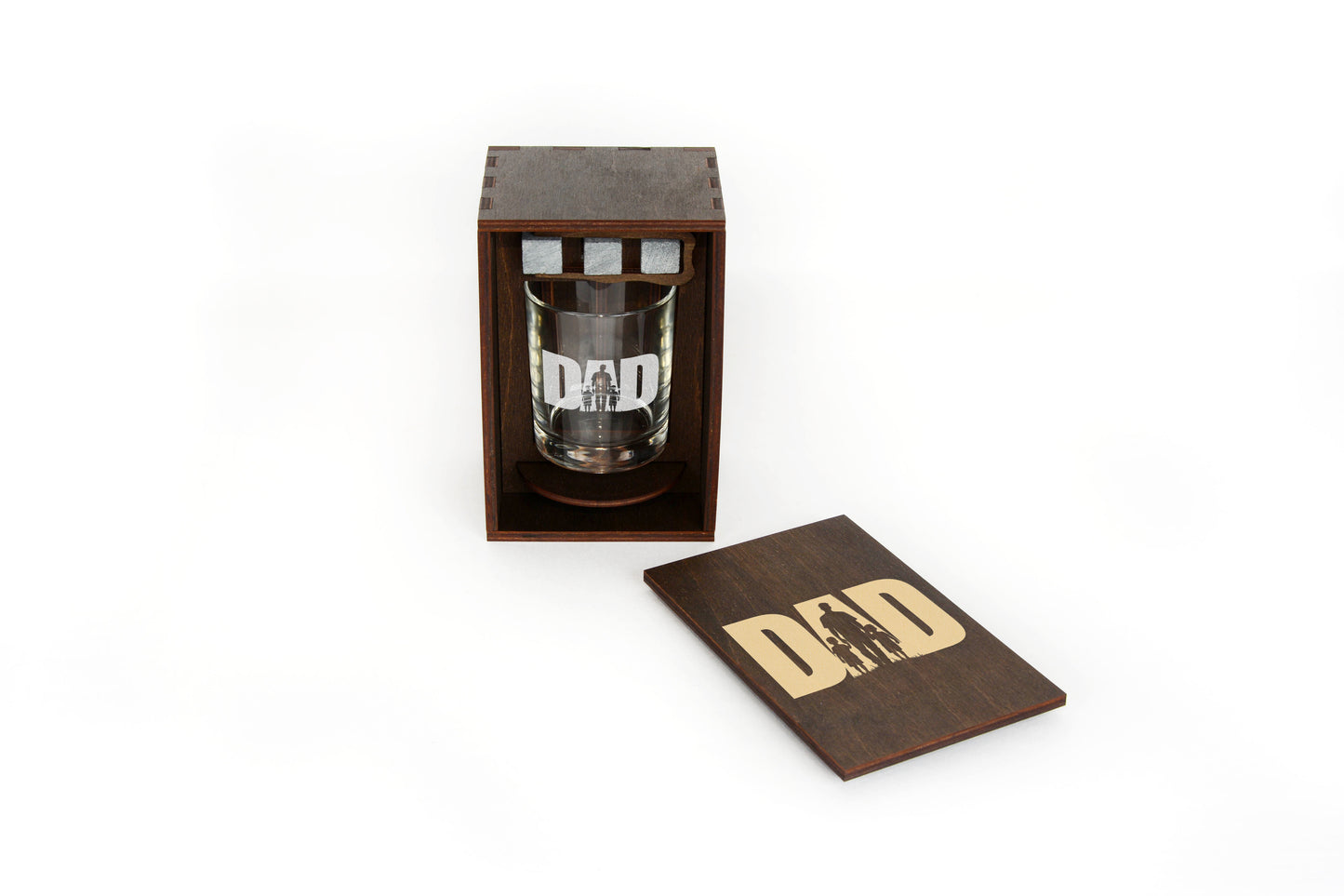 Whiskey Gift Set for Dad – Handmade Wooden Box & Engraved Glass