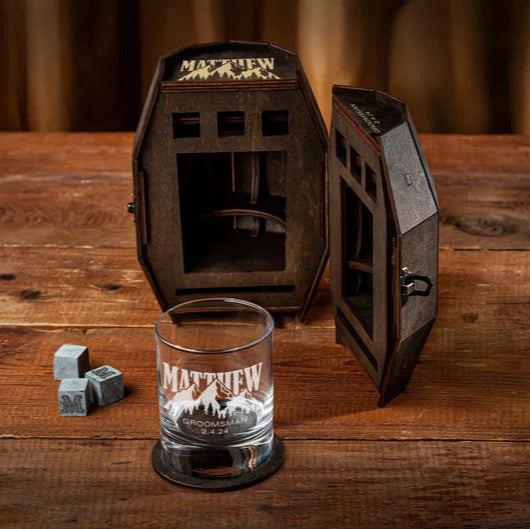 Groomsmen Gift - Blue Ridge Mountains Personalized Whiskey Glass in Wooden Barrel