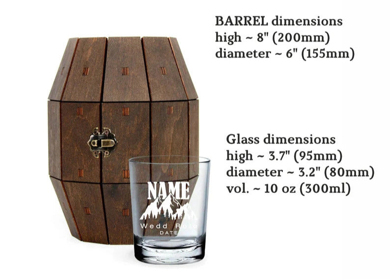 Groomsmen Gift - Blue Ridge Mountains Personalized Whiskey Glass in Wooden Barrel