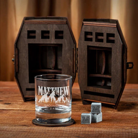 Groomsmen Gift - Blue Ridge Mountains Personalized Whiskey Glass in Wooden Barrel