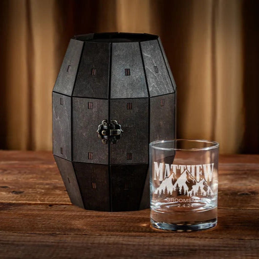 Groomsmen Gift - Blue Ridge Mountains Personalized Whiskey Glass in Wooden Barrel