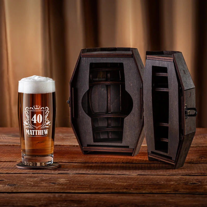 Personalized Beer Glass in Wooden Barrel – Birthday Gift for Him