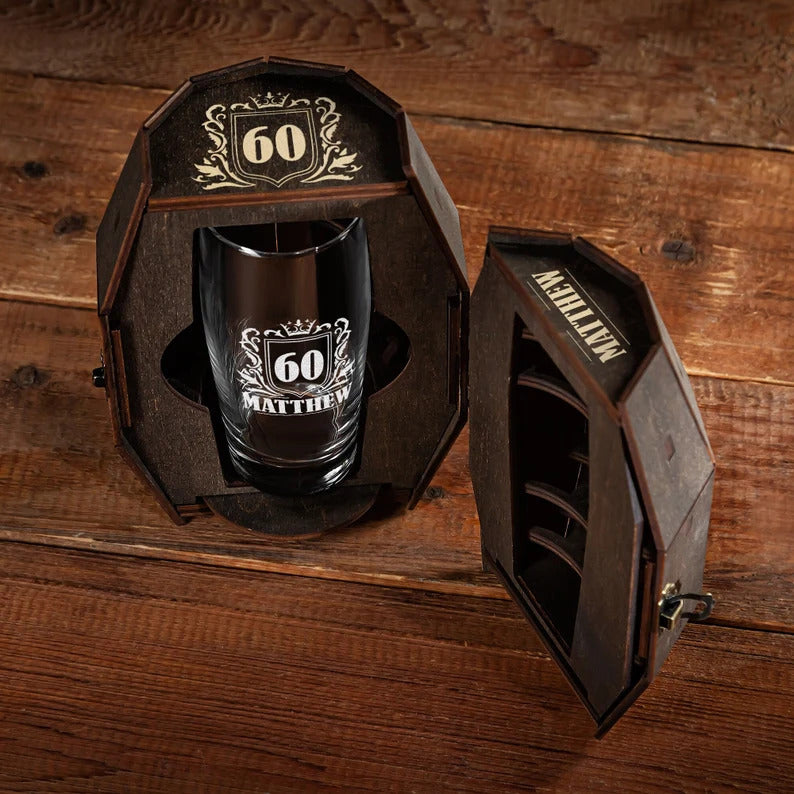 Personalized Beer Glass in Wooden Barrel – Birthday Gift for Him