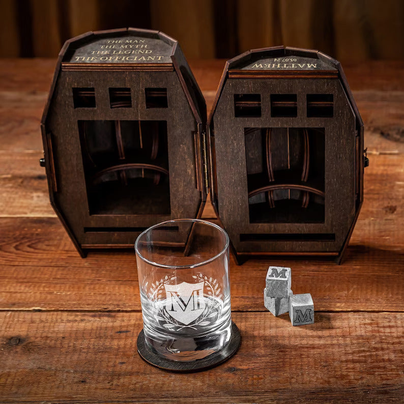 Wedding Officiant Gift - Personalized Whiskey Glass Set in Wooden Barrel