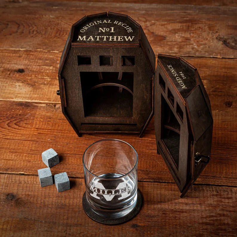 Unique Gift for Him - Custom Whiskey Glass in a Wooden Barrel