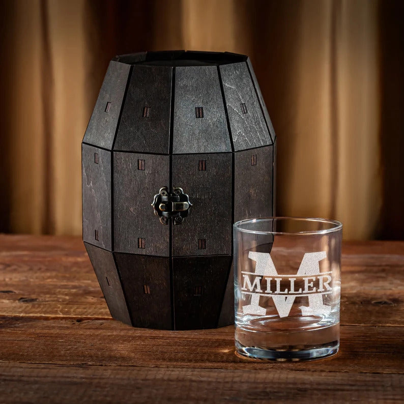 Unique Gift for Him - Custom Whiskey Glass in a Wooden Barrel