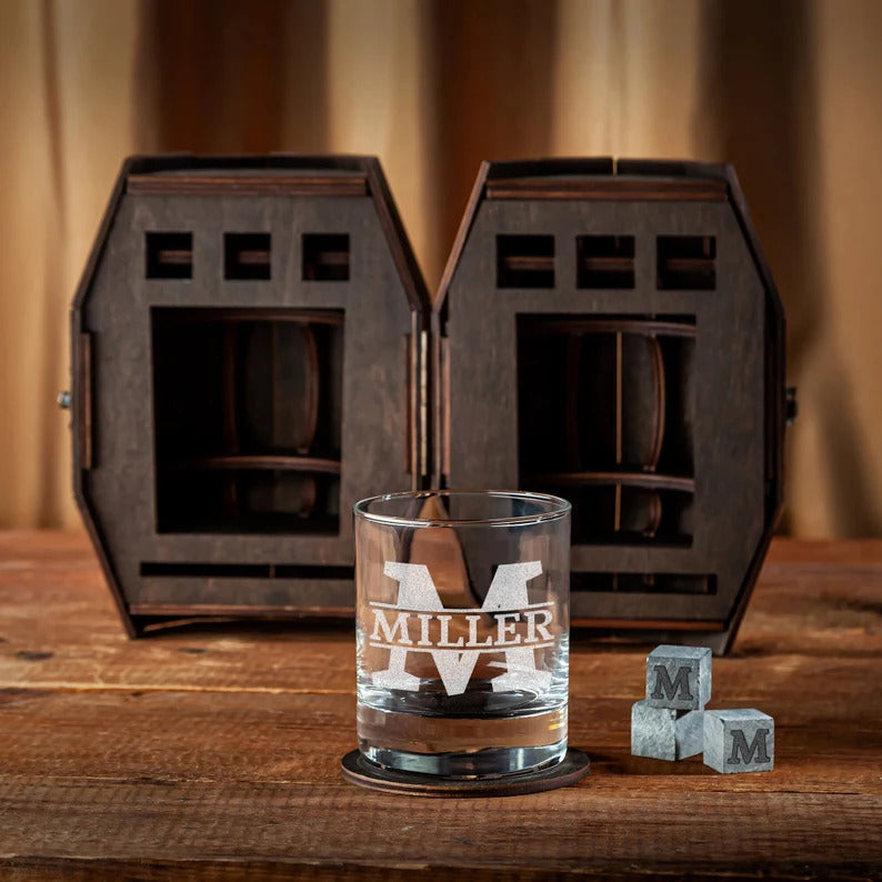 Unique Gift for Him - Custom Whiskey Glass in a Wooden Barrel
