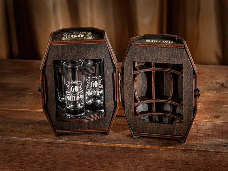 Personalized Shot Glass Set in Wooden Barrel – Birthday Gift for Him