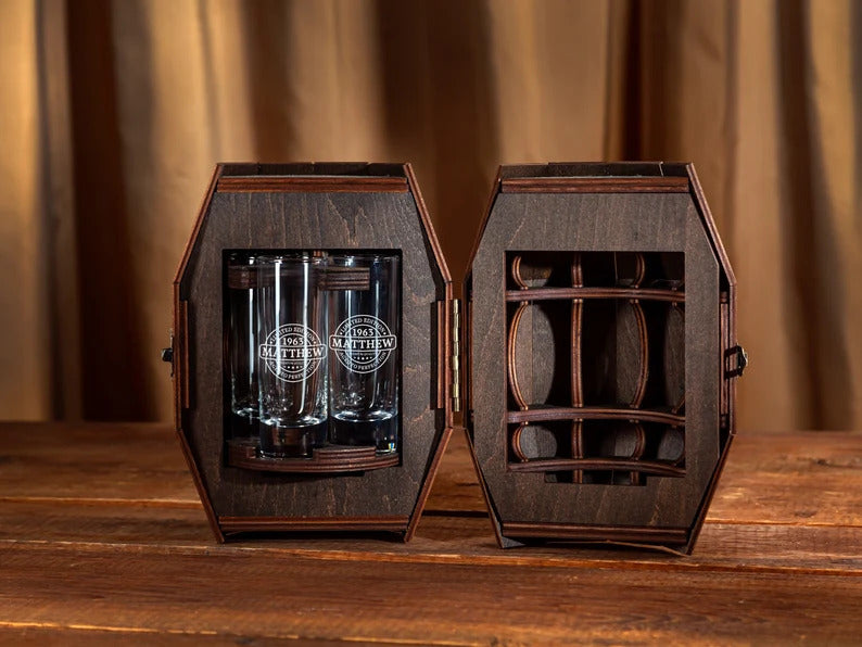 Personalized Shot Glass Set in Wooden Barrel – Birthday Gift for Him
