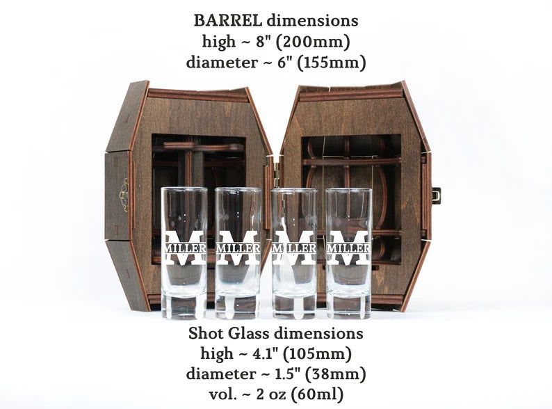 Personalized Shot Glass Set in Wooden Barrel – Birthday Gift for Him